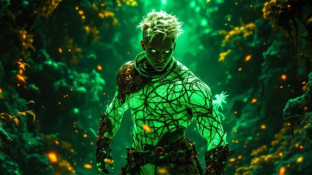 Gothic Fantasy Ranger in Neon Armor, Standing in a Dark Imme...