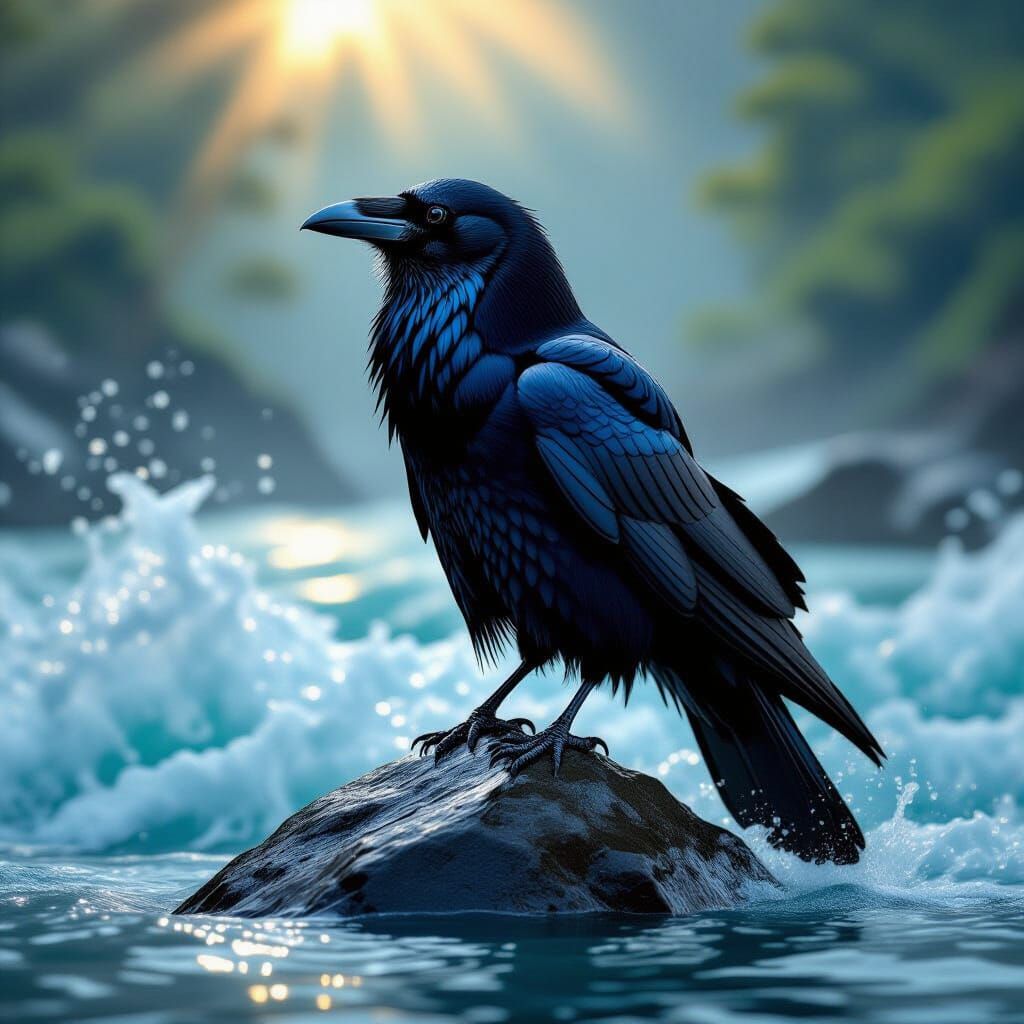 Majestic Raven on Rock by Raging River