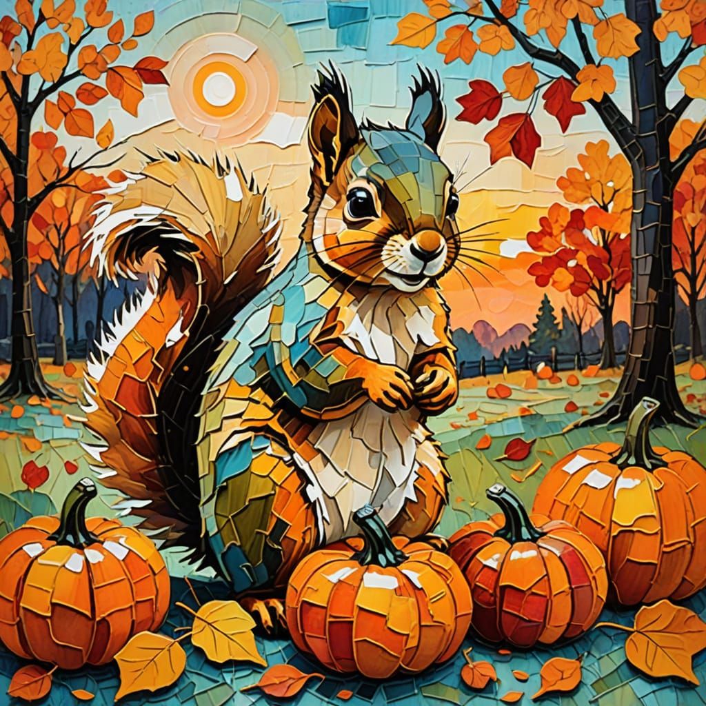Autumn Squirrel and Pumpkins in Impasto Impressionism