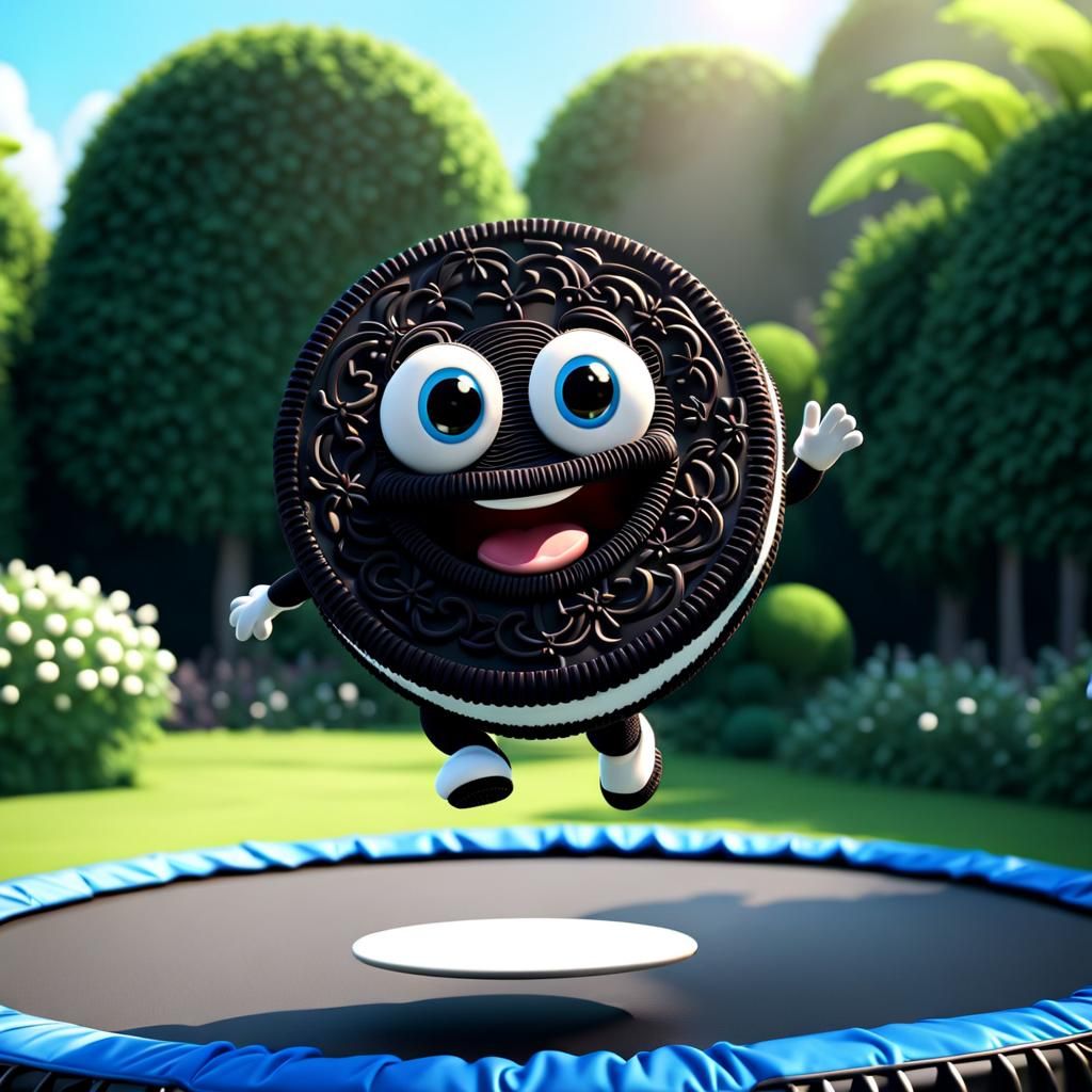 Cartoon Oreo Cookie Jumps on Trampoline in CGI Style