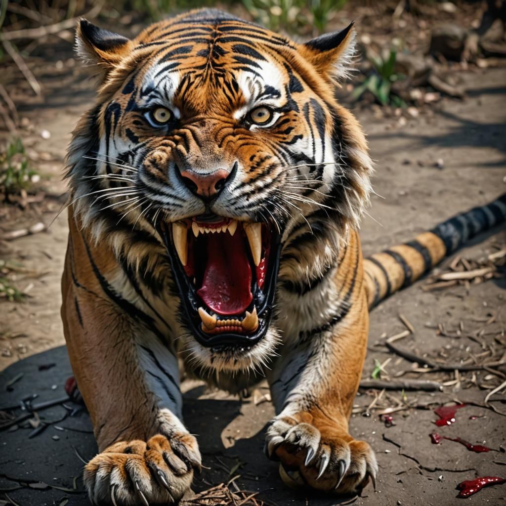 Fierce Tiger Snarling: Hyperrealistic Wildlife Photography