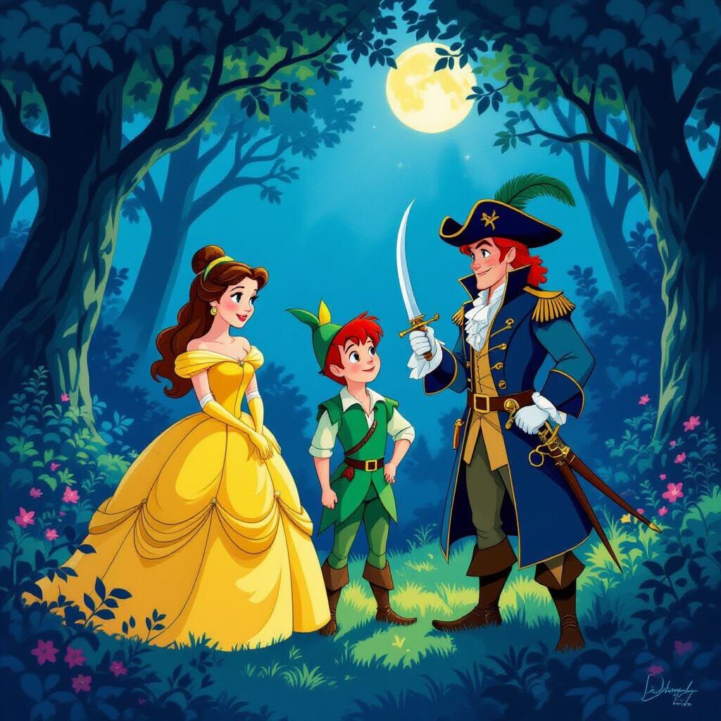 Belle, Peter Pan, and Hook in Enchanted Forest Twilight