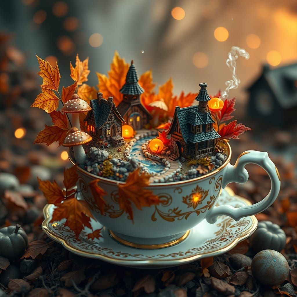 Miniature Autumn Fantasy World in Teacup