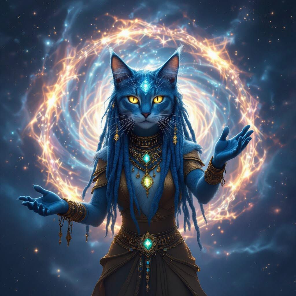 Blue Lyran Starseed Cat Above Galaxy Portal in Fifth Dimensi...