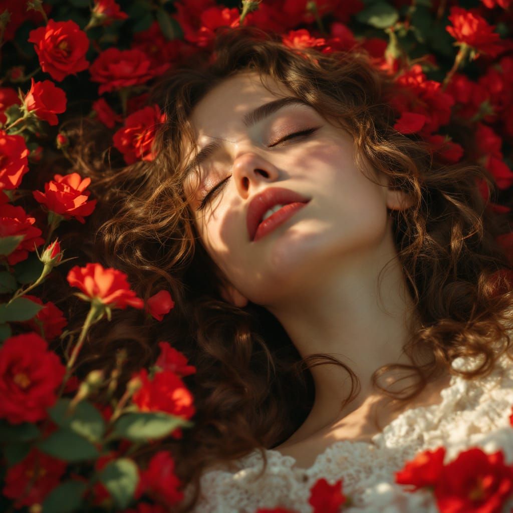 Woman in Bed of Roses, Pre-Raphaelite Style