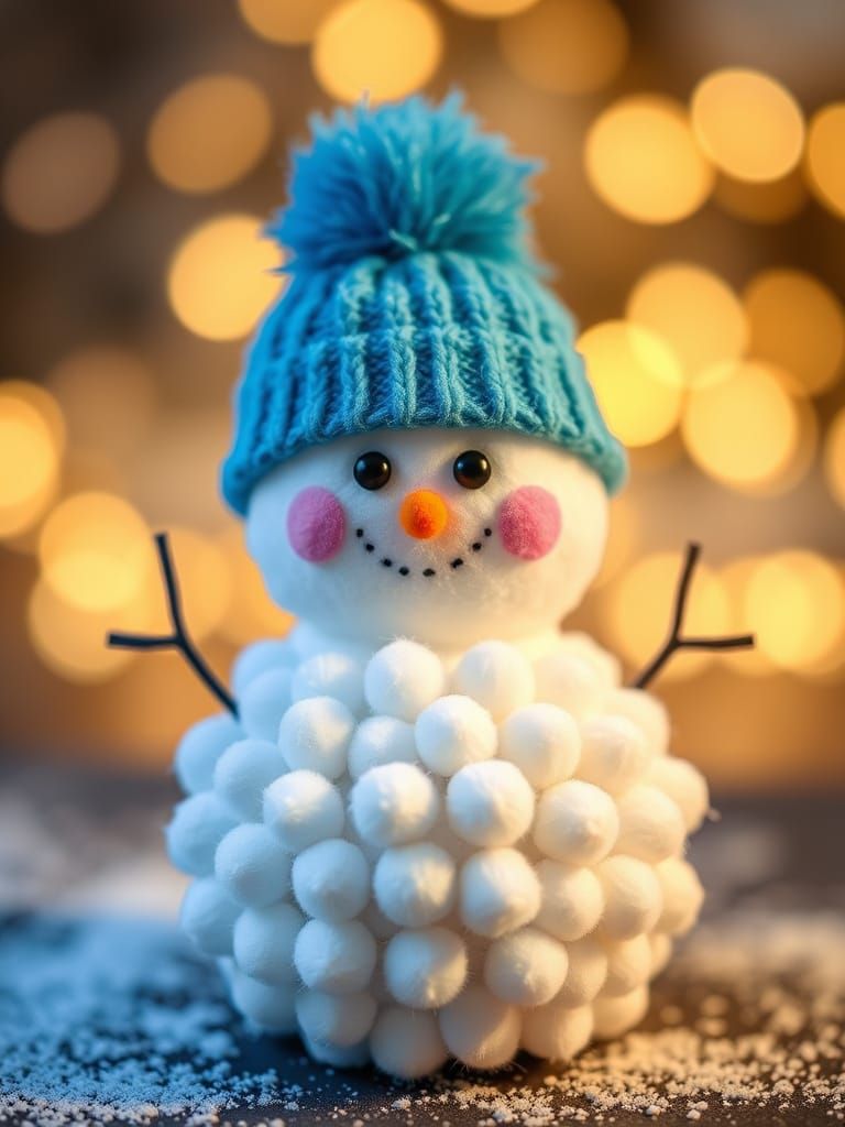 Cute Pom Pom Snowman with Blue Hat