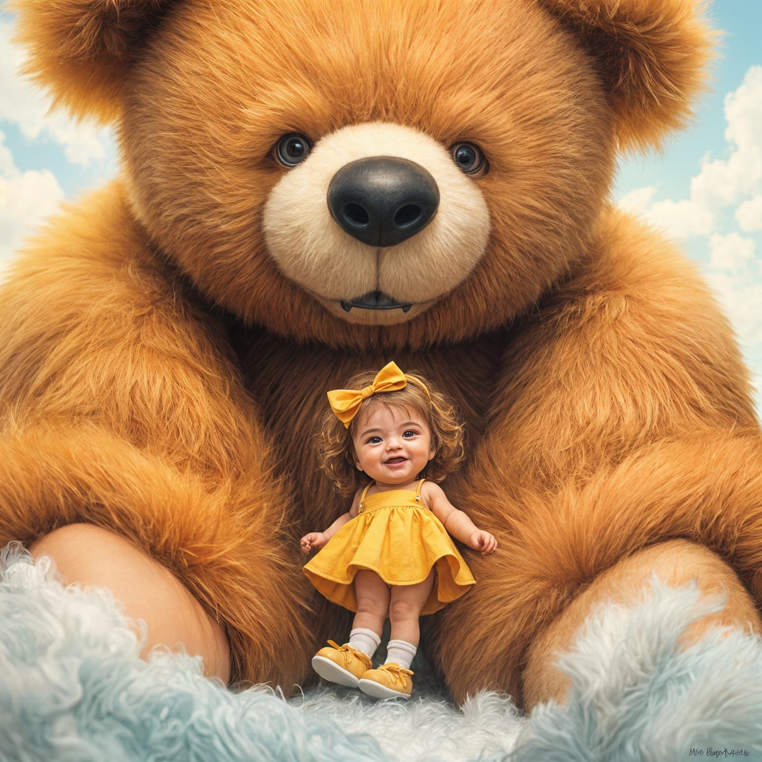 Enormous Fluffy Teddy Bear and Happy Girl