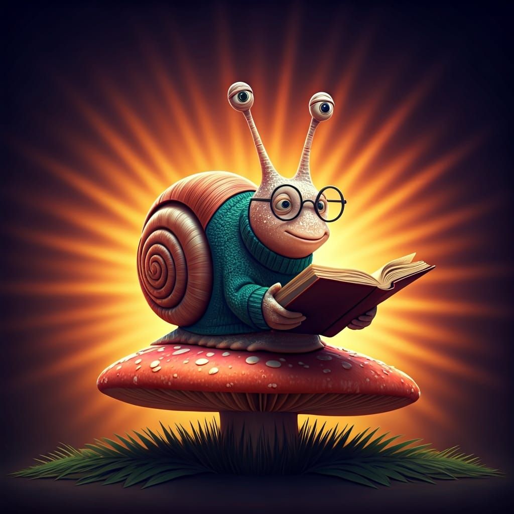 Anthropomorphic Snail Reads Book in 3D Digital Art
