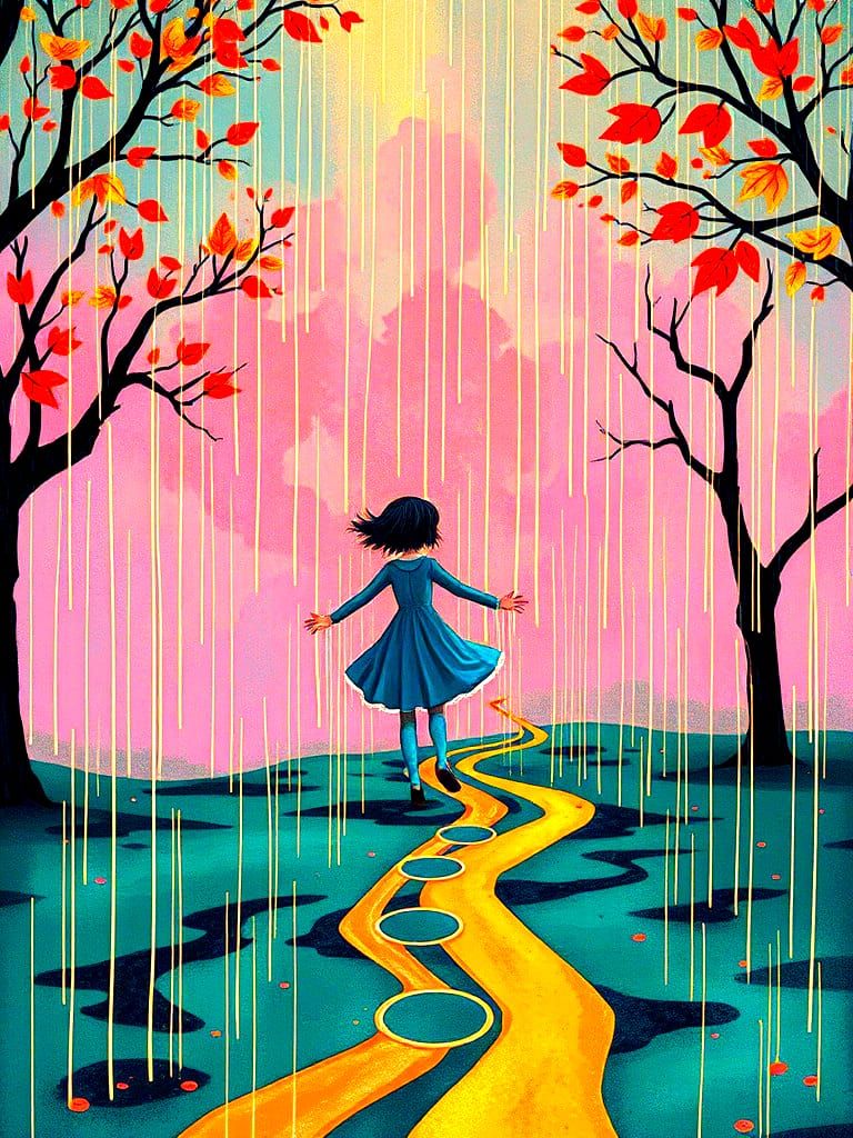 Girl Hopscotching in Rainy Pop Surrealism Style