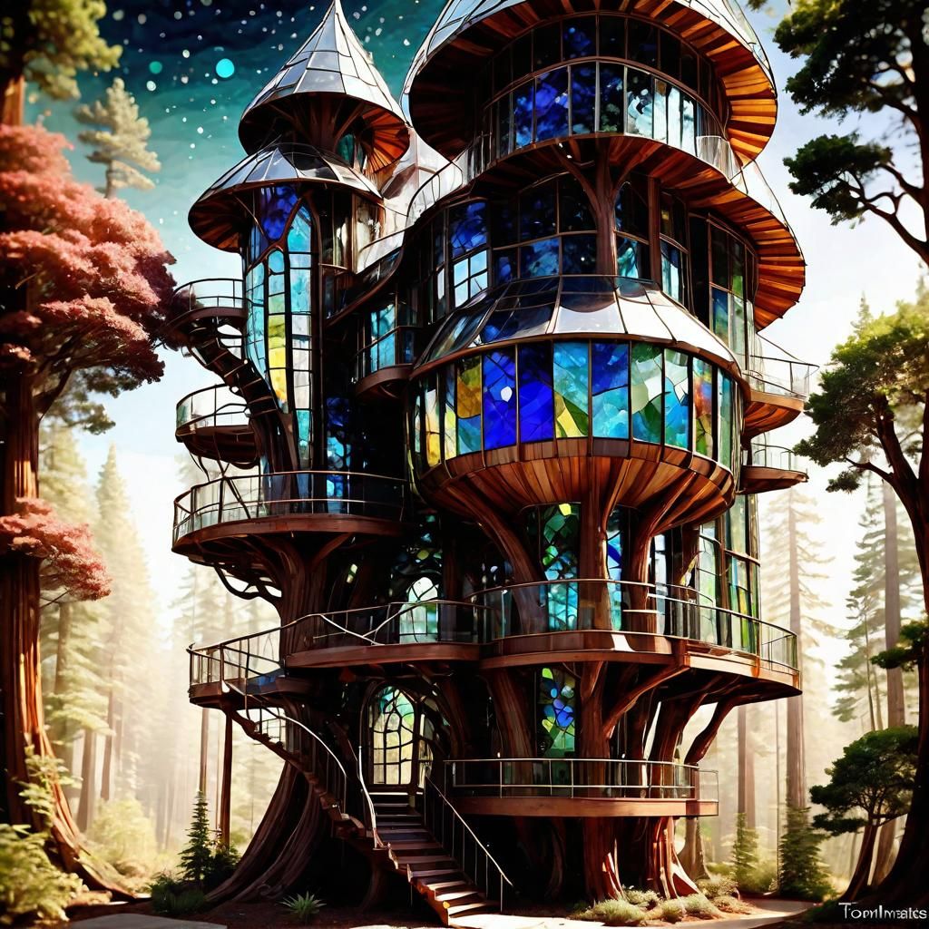 Steampunk Stained Glass Treehouse in Redwoods