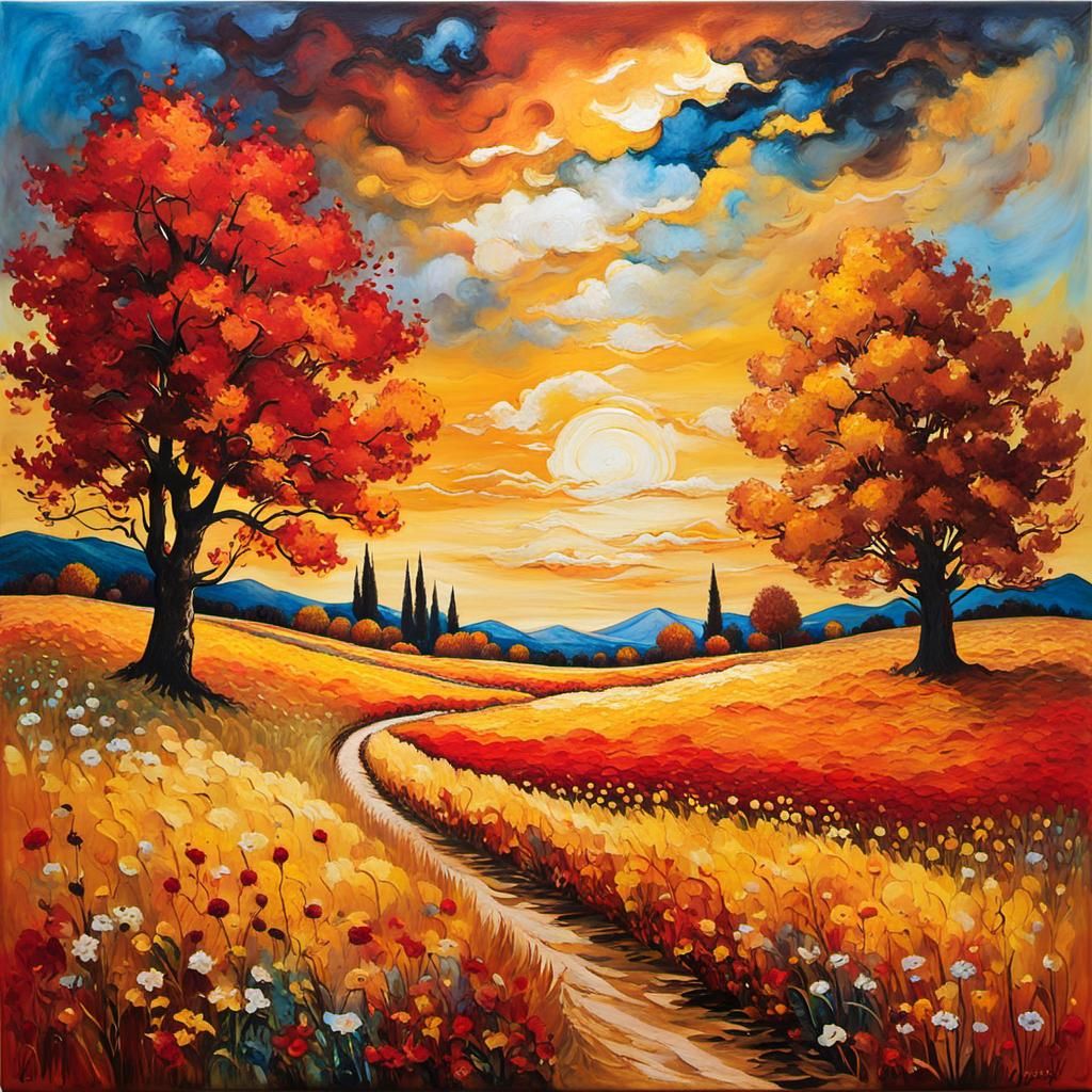 Autumn Meadow: Impressionist Landscape in Golden Light