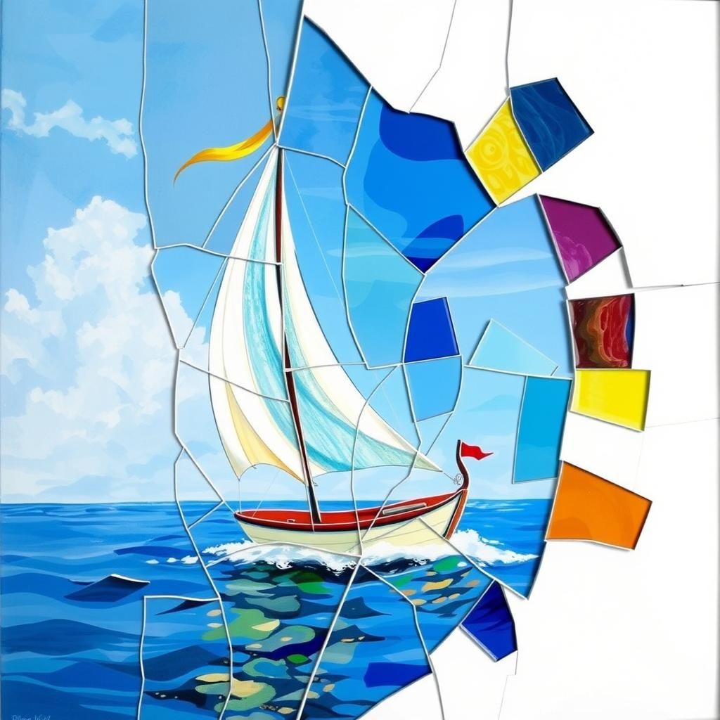 Mosaic Sailboat on a Calm Ocean, Cubist Style