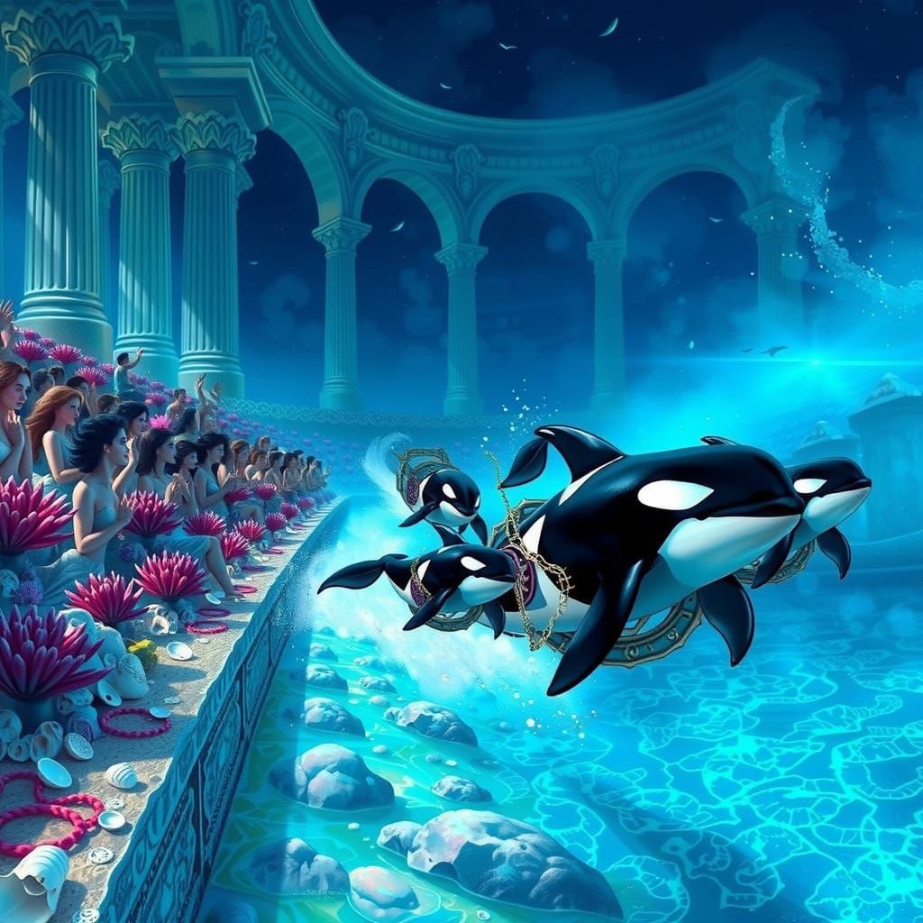 Majestic Orcas in Ancient Atlantean Chariot Race