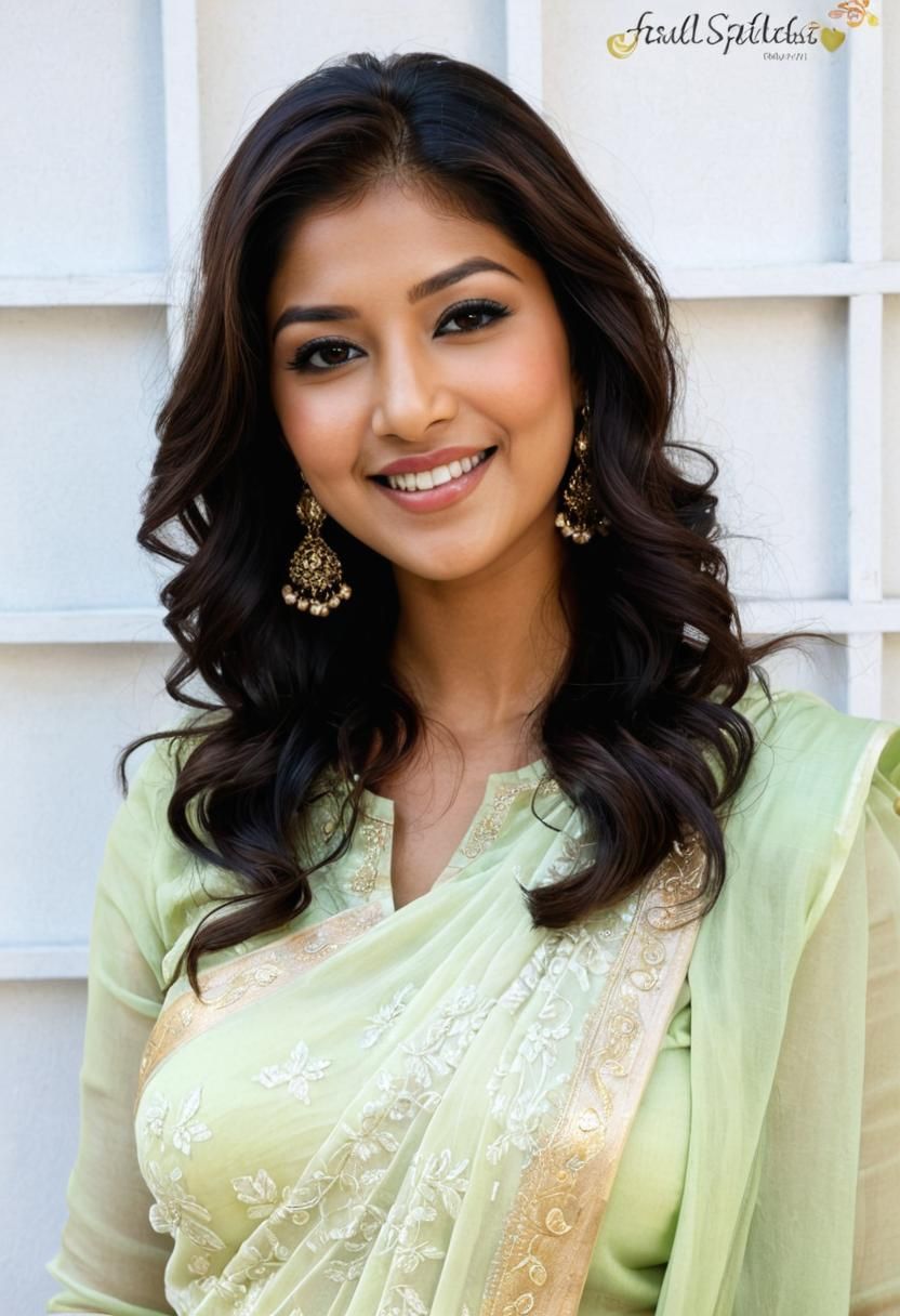 A smiling beautiful hot curvy (voluptuous:1.7) Nayantara in saree wearing jewellery