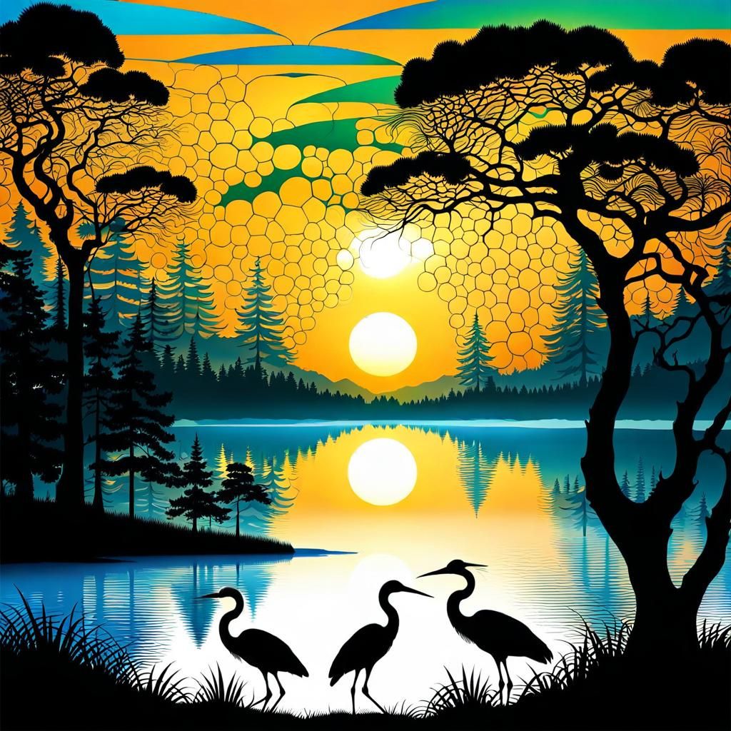 herons sunset monet kusama