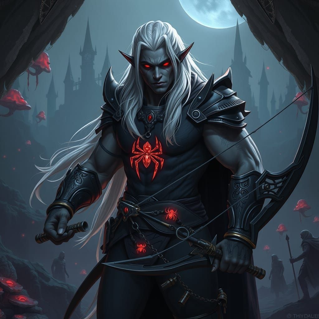 Drow Warrior in Underground Lair, Detailed Matte Painting