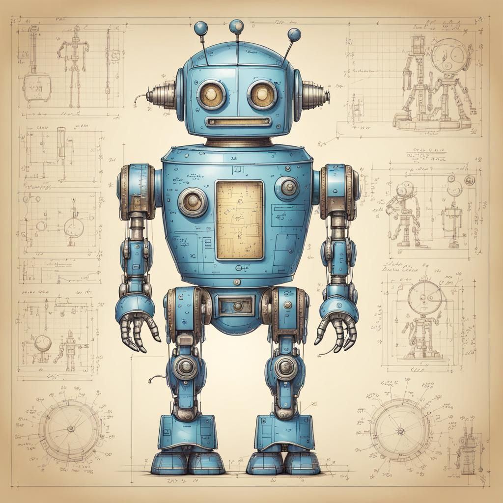 Detailed Blueprint of a Cute Robot Illustration