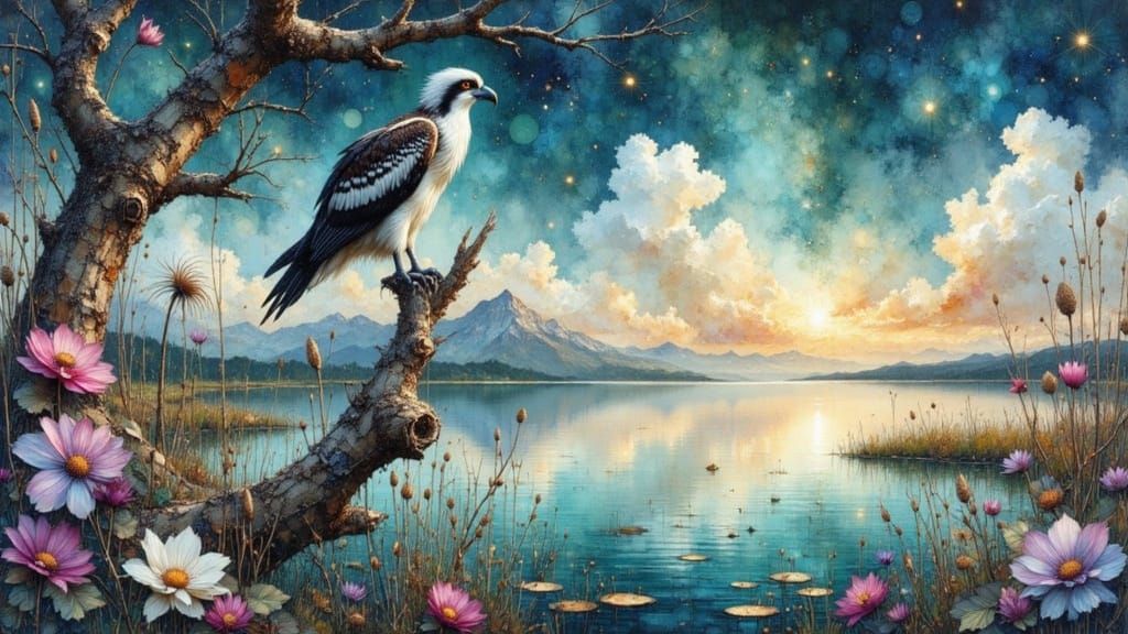 Majestic Osprey perched on a weathered log surrounded by flowers and water