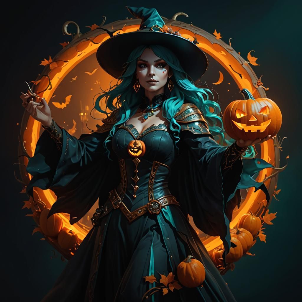 Halloween Witch and Pumpkin, Hyperdetailed Concept Art