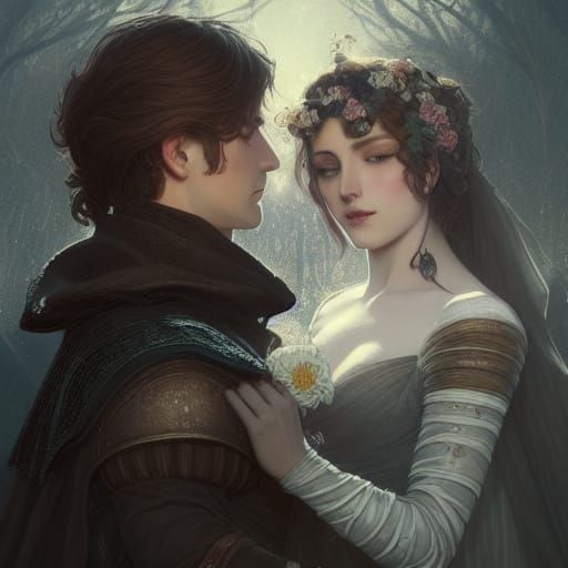 Medieval Lovers' Secret Meeting in Moonlit Garden