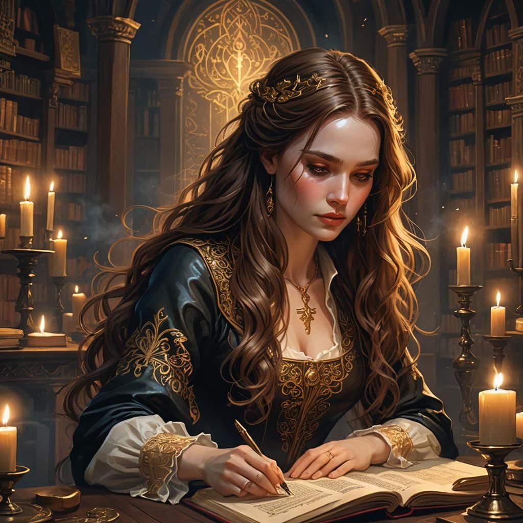 Renaissance Woman Writing in Library with Candlelight