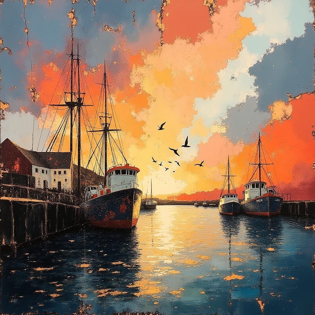 Dutch Harbor Sunrise: Fishing Boats and Seagulls in Dramatic...