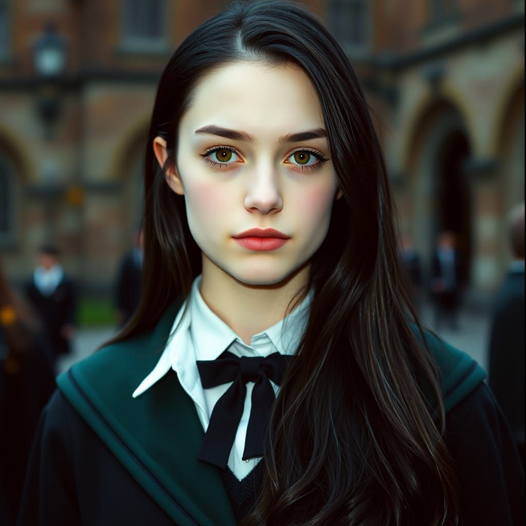 Young Woman in Slytherin Uniform at Hogwarts