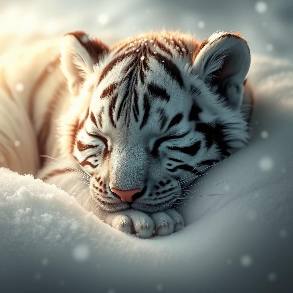 White Tiger Cub Asleep in Gentle Snowfall