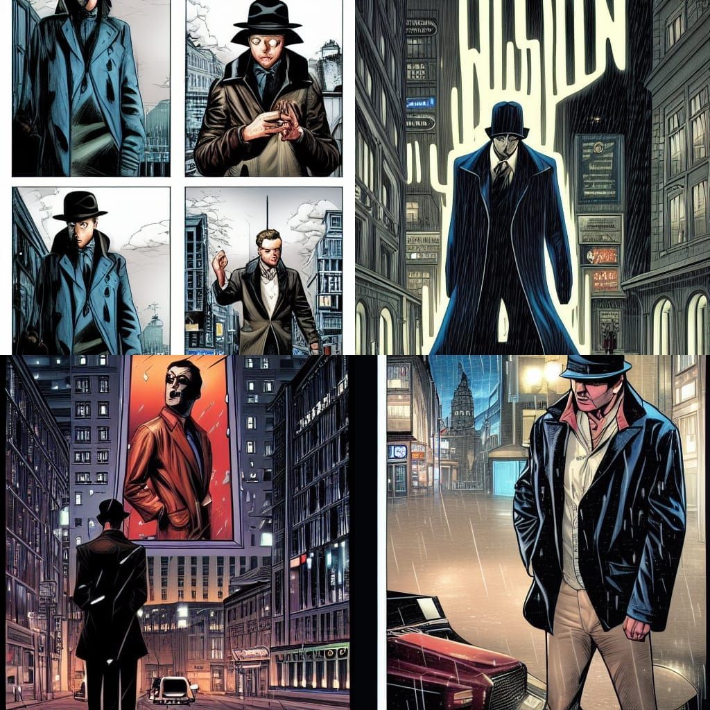Noir Comic Strip in Rainy City at Night
