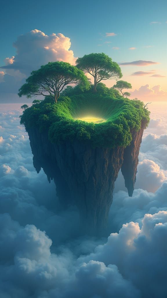 Floating Aogashima Island with Bioluminescent Crater