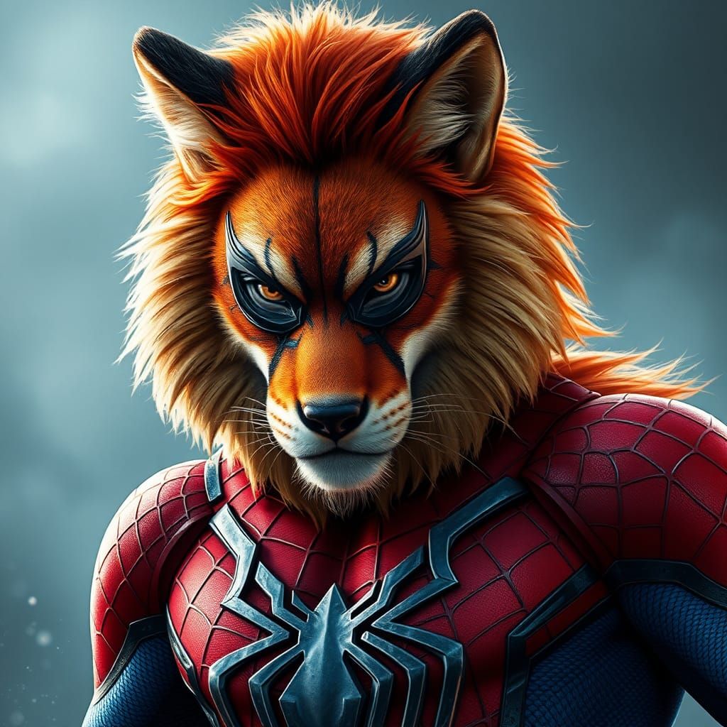 Lion-Fox Superhero in Spiderman Style: Digital Rendering
