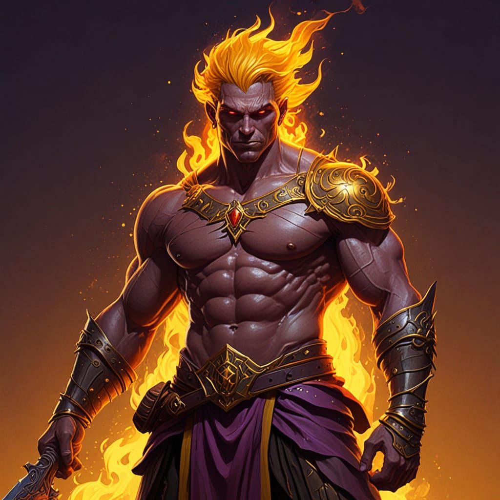 Fiery Genasi Warrior with Sword, Dark Fantasy Art