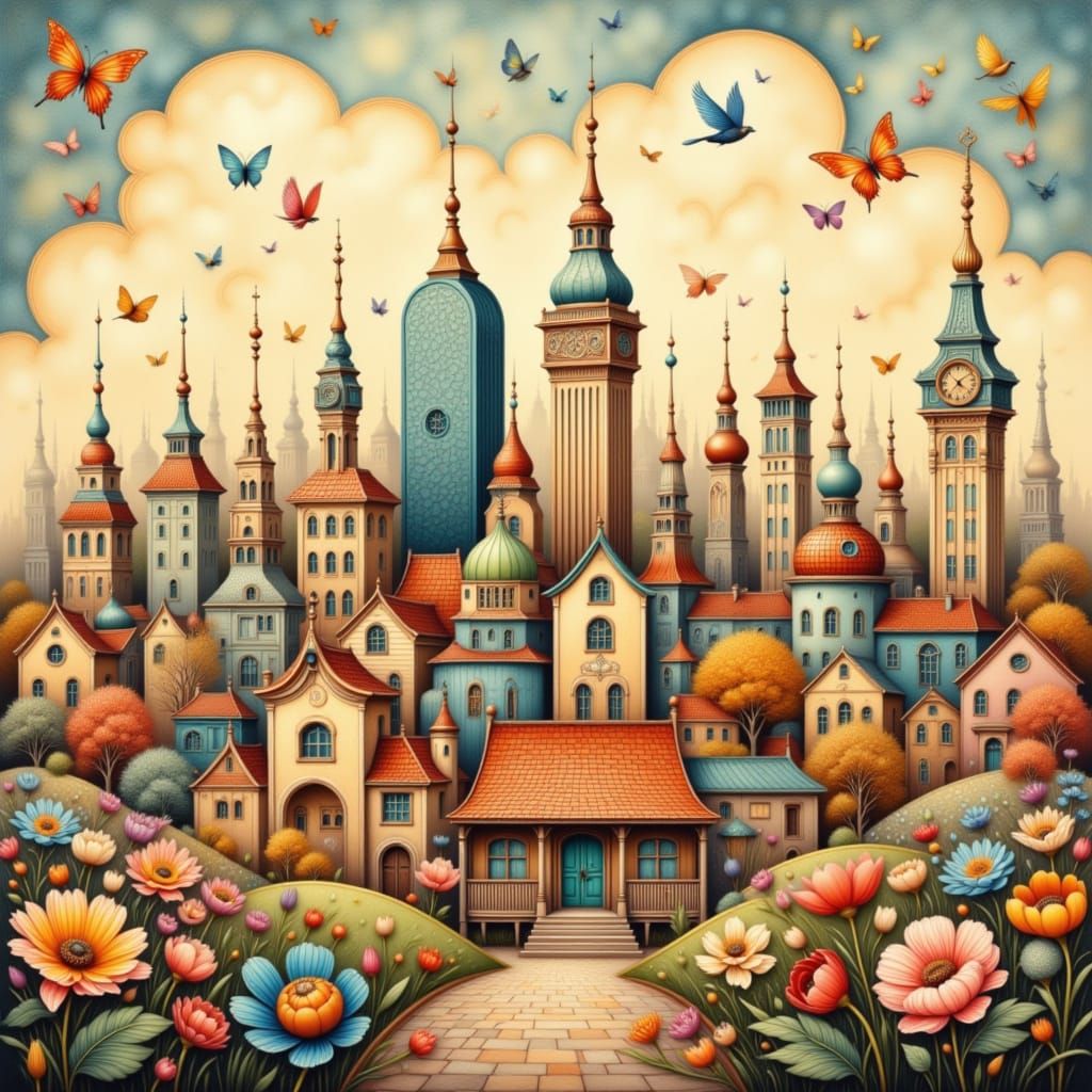 Folk Art Nouveau City Skyline with Gingham Pattern