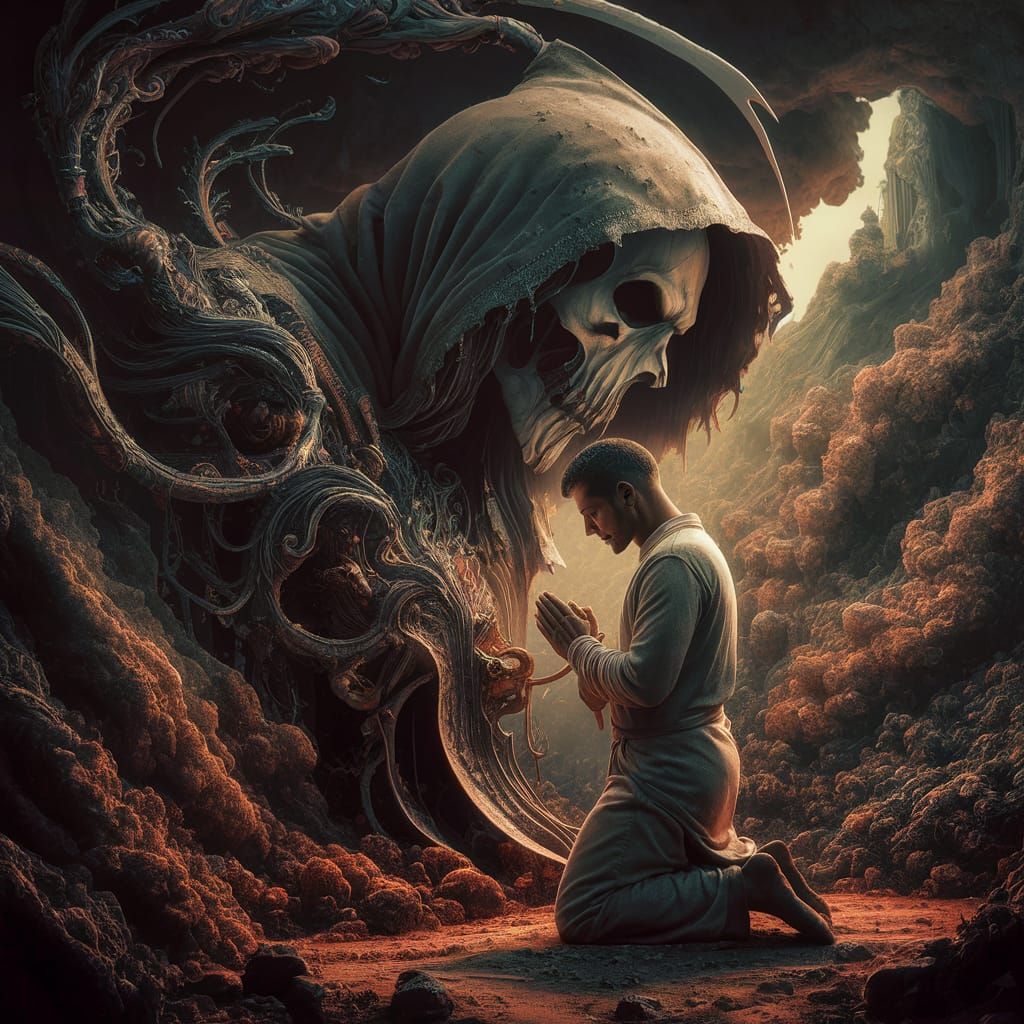 Grim reaper standing by a man who is kneeling in prayer