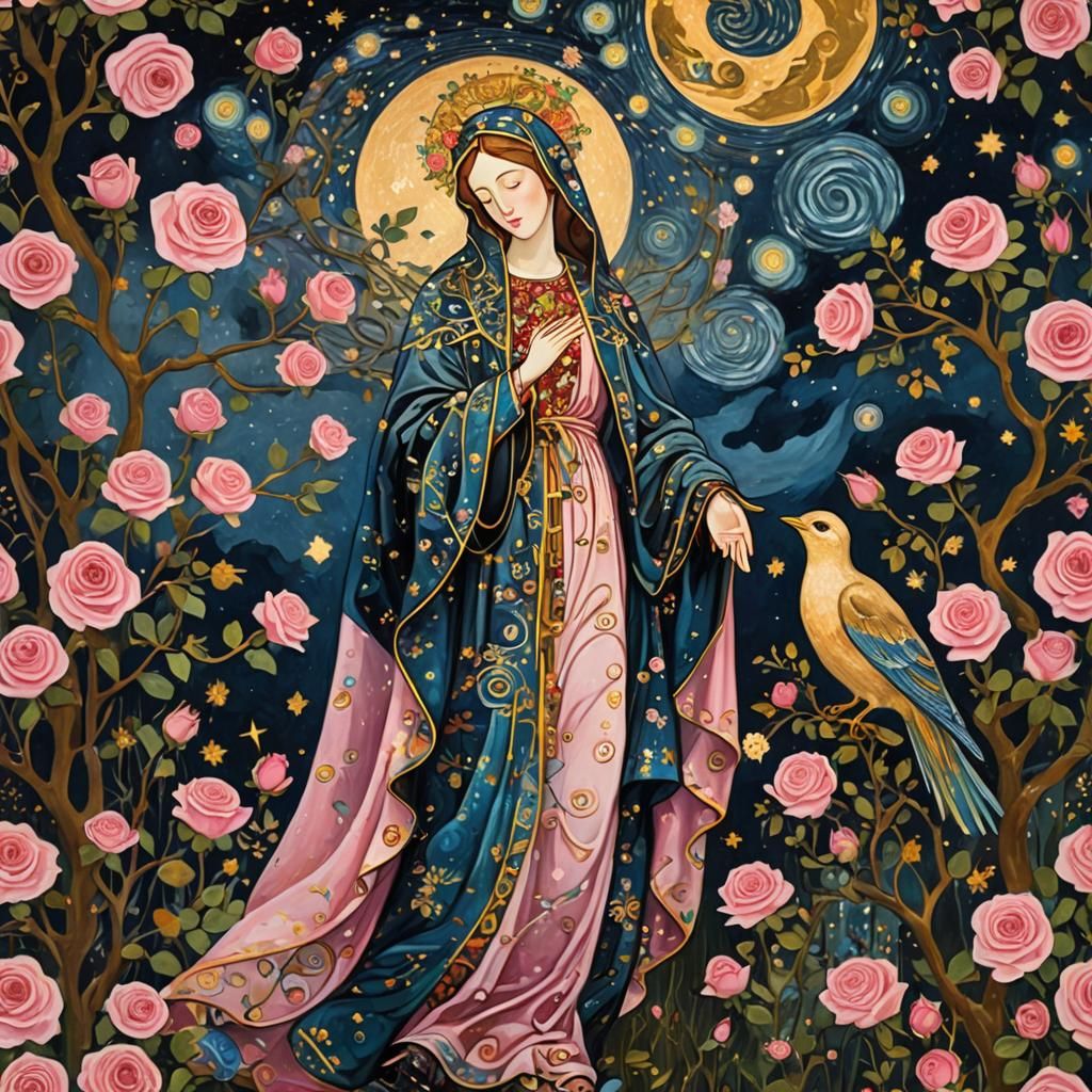 Mary in Garden: Klimt and Van Gogh Style
