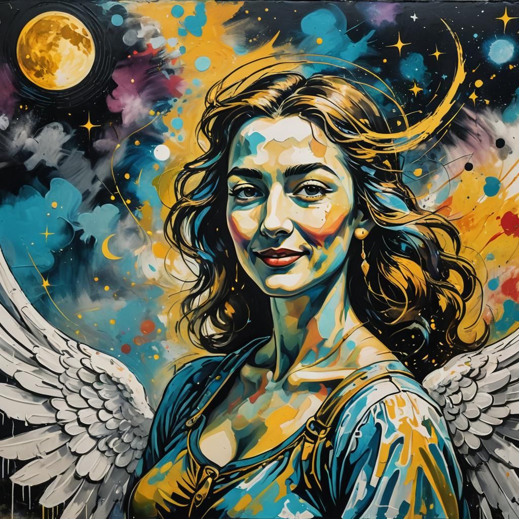 Smiling Angel in Vibrant Graffiti Street Art