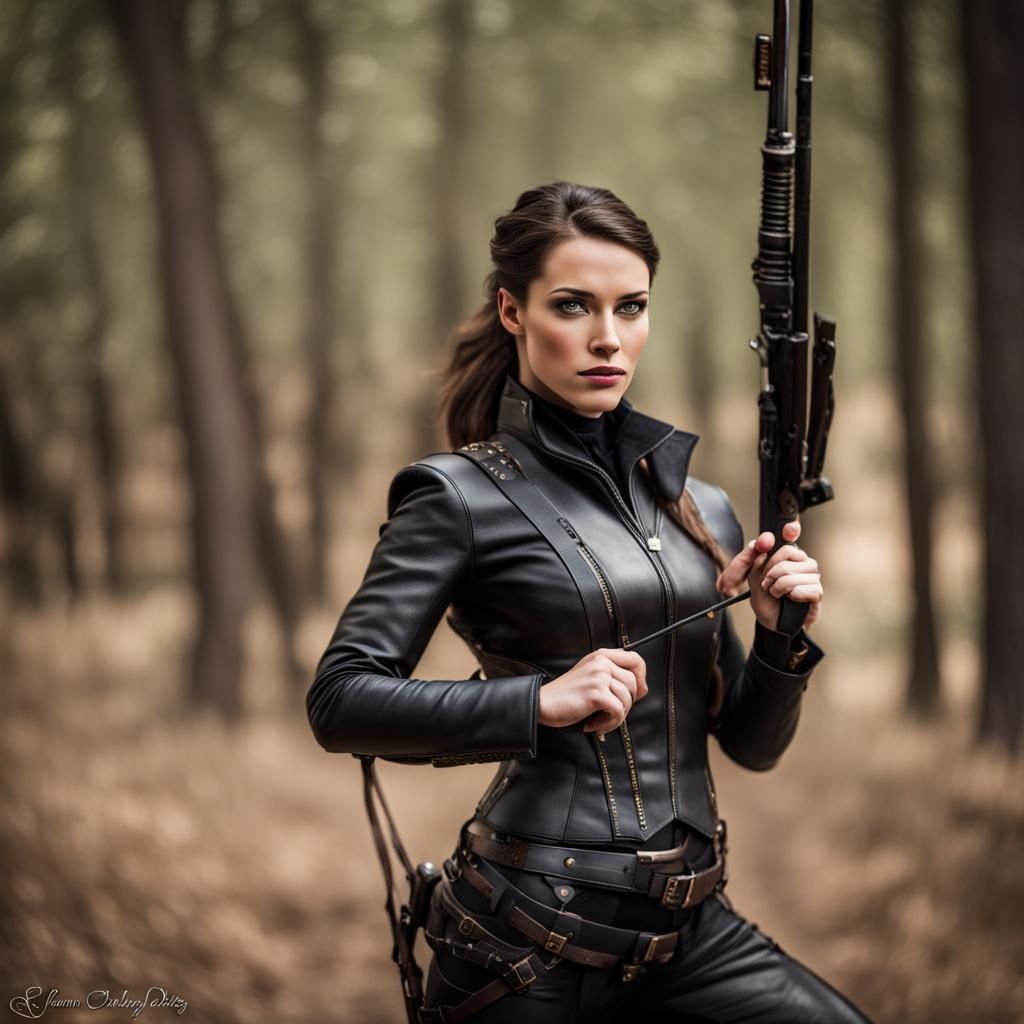 Leather Clad Huntress in Sharp Focus