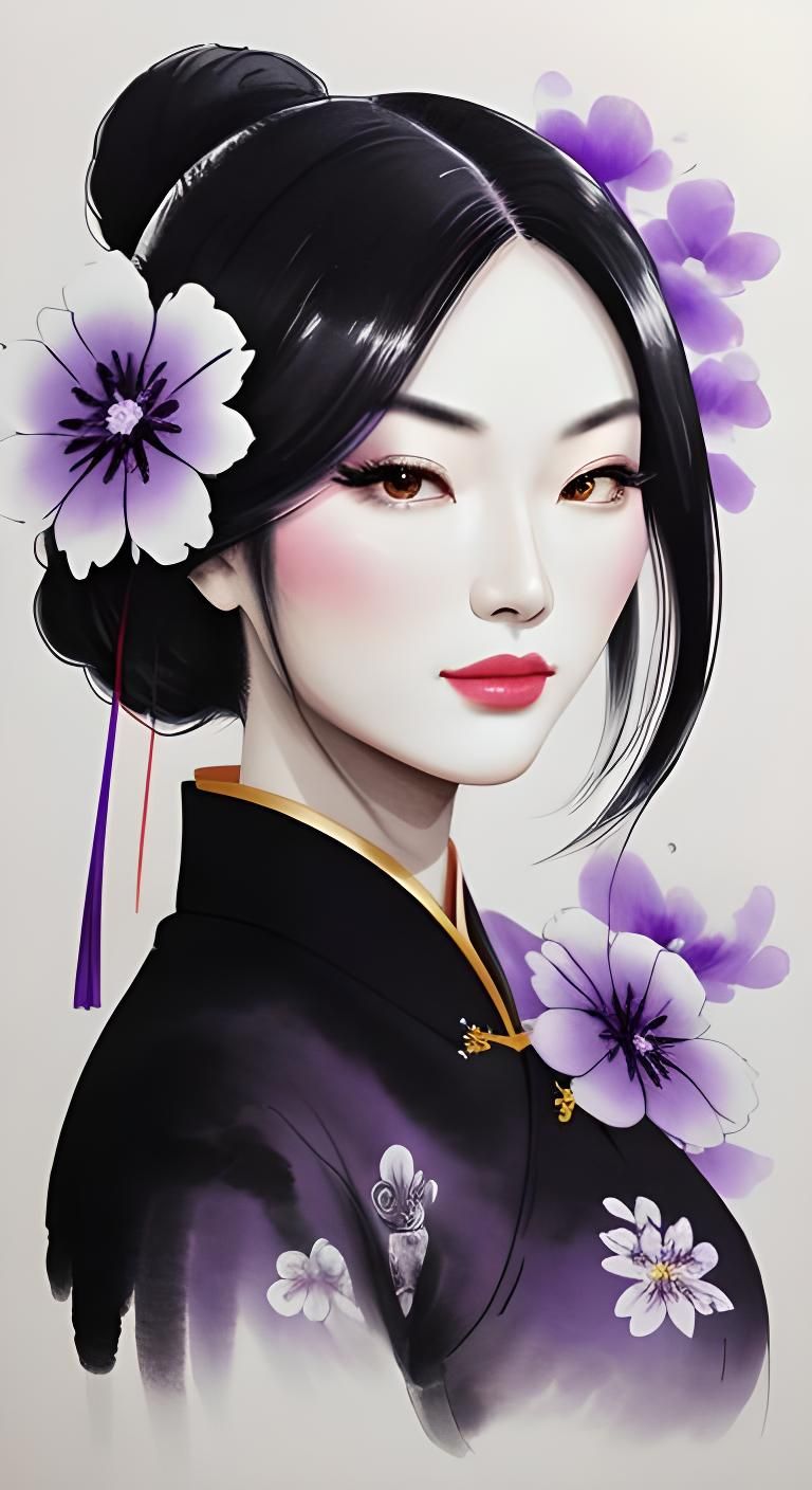 Minimalist Chinese Ink Portrait with Floral Accents