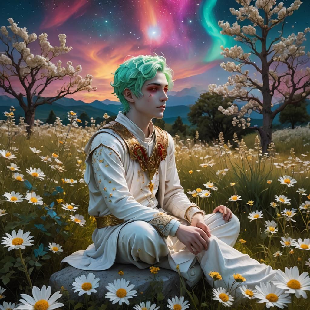 Marble Statue in Bioluminescent Meadow, Afremov Style