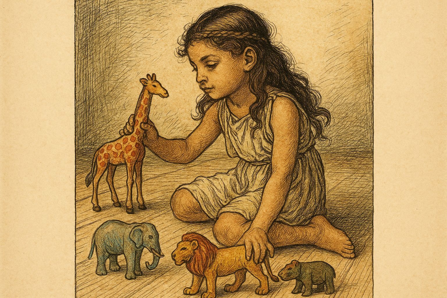 Girl Playing with Toys, Arthur Rackham Style Illustration