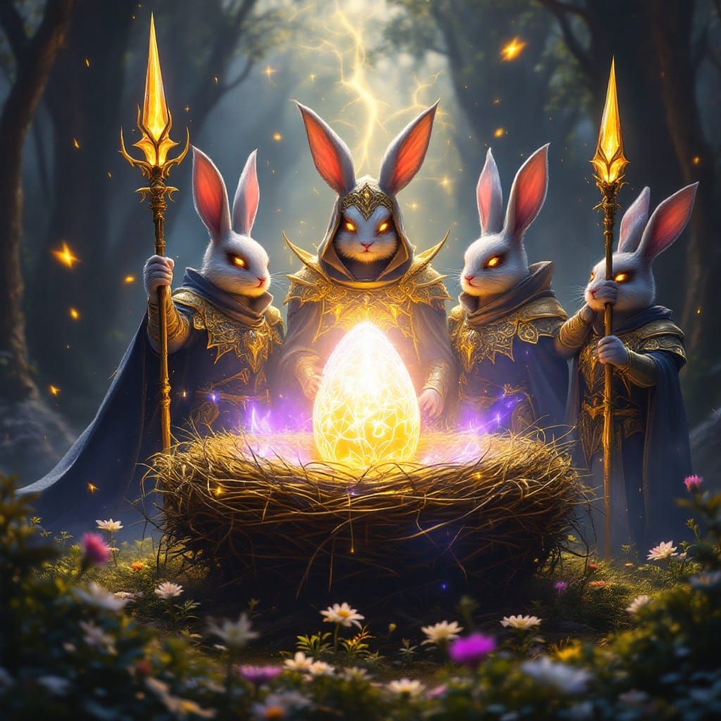 Ethereal Easter Goddess Surrounded by Bunny Knights in Mysti...