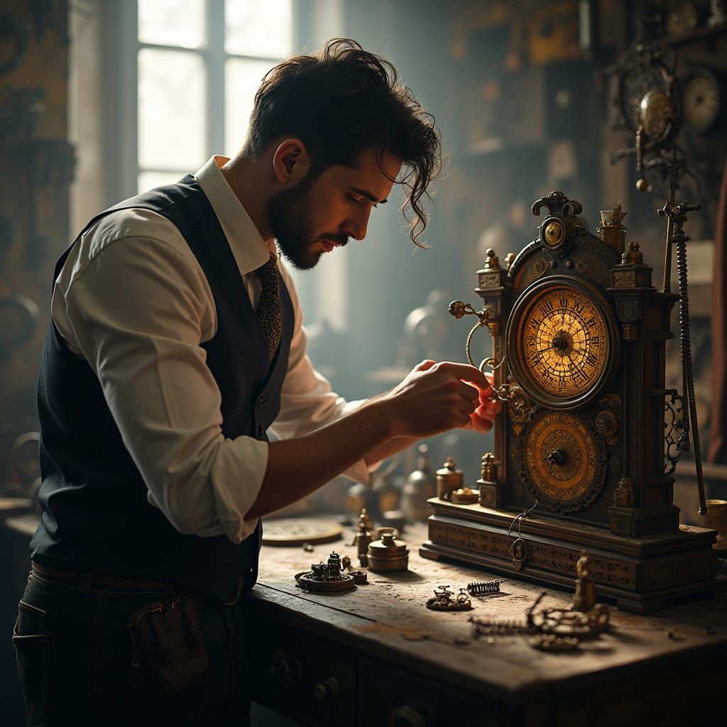 Steampunk Inventor in Victorian Workshop with Clockwork Devi...