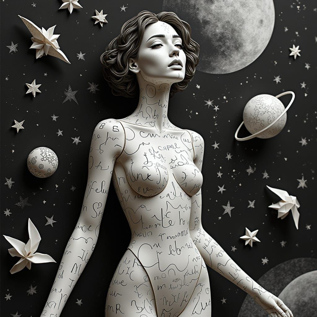Cosmic Paper-Doll in Mixed-Media Style