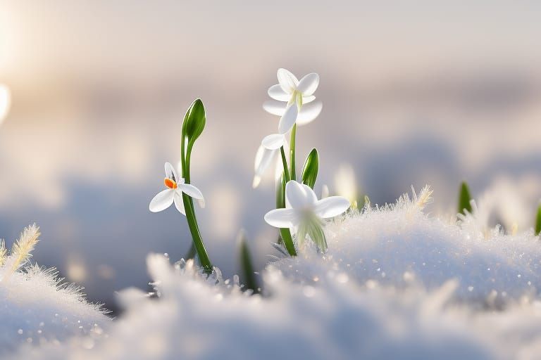 Snowdrop Flower Emerging from Snow: Golden Hour Macro
