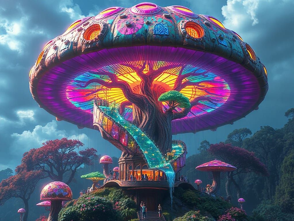 Surreal Cityscape within a Radiant Mushroom, in Hyper-Detail...
