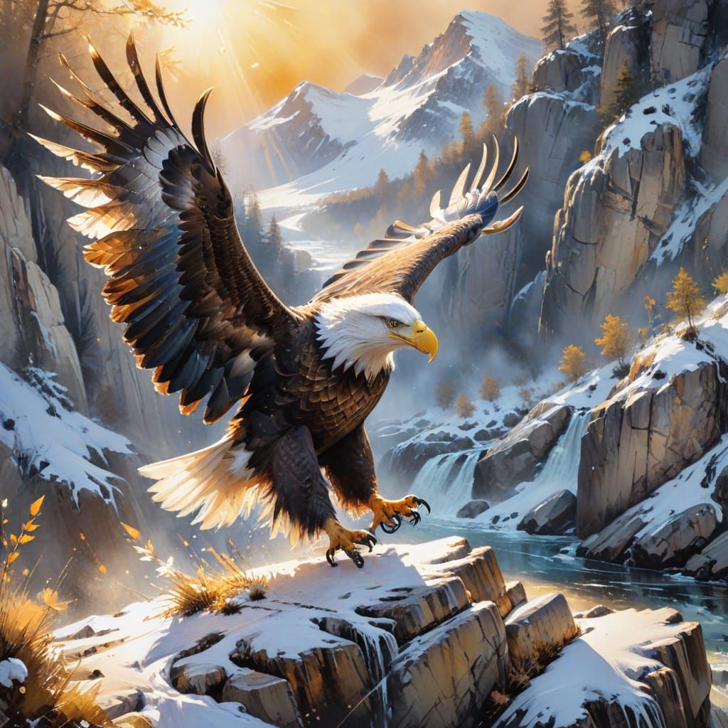 Bald Eagle Soaring, Stylized Watercolor Painting