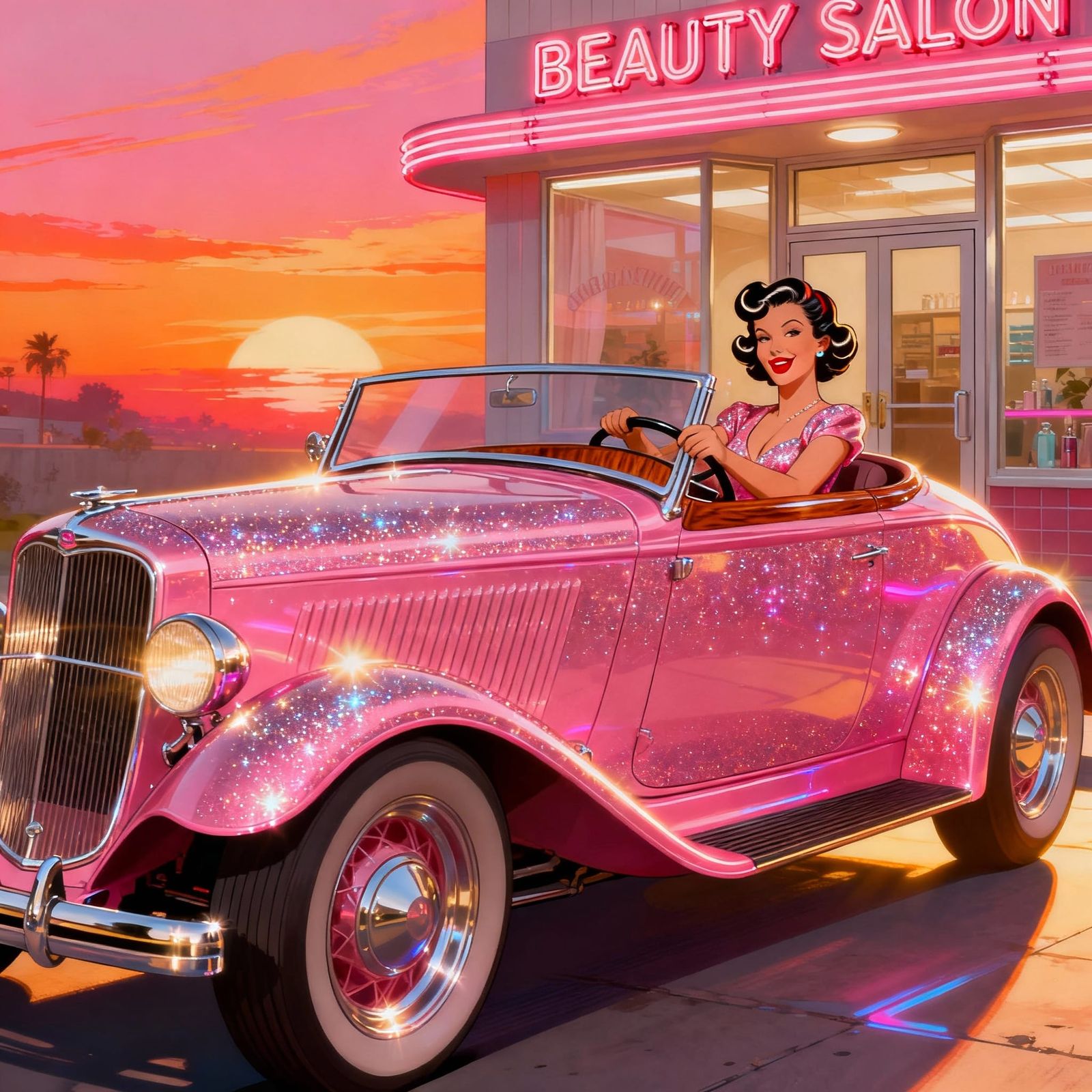 1920s Pink Muscle Car With Pin-Up Girl At Salon
