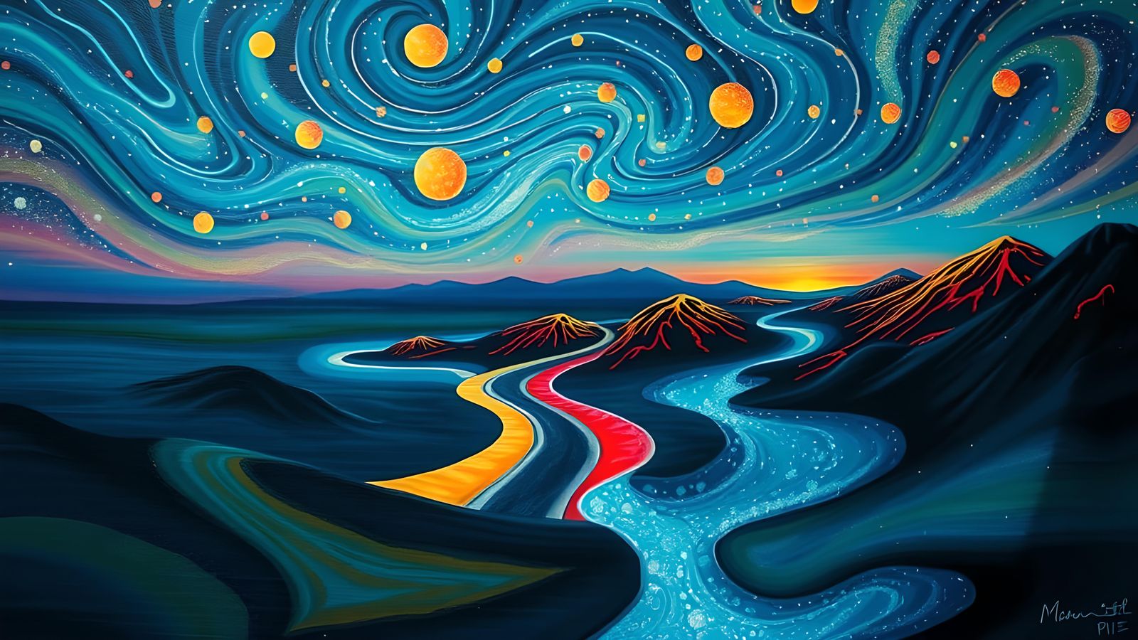 Cosmic Wind: Neon Particles in Surreal Landscape