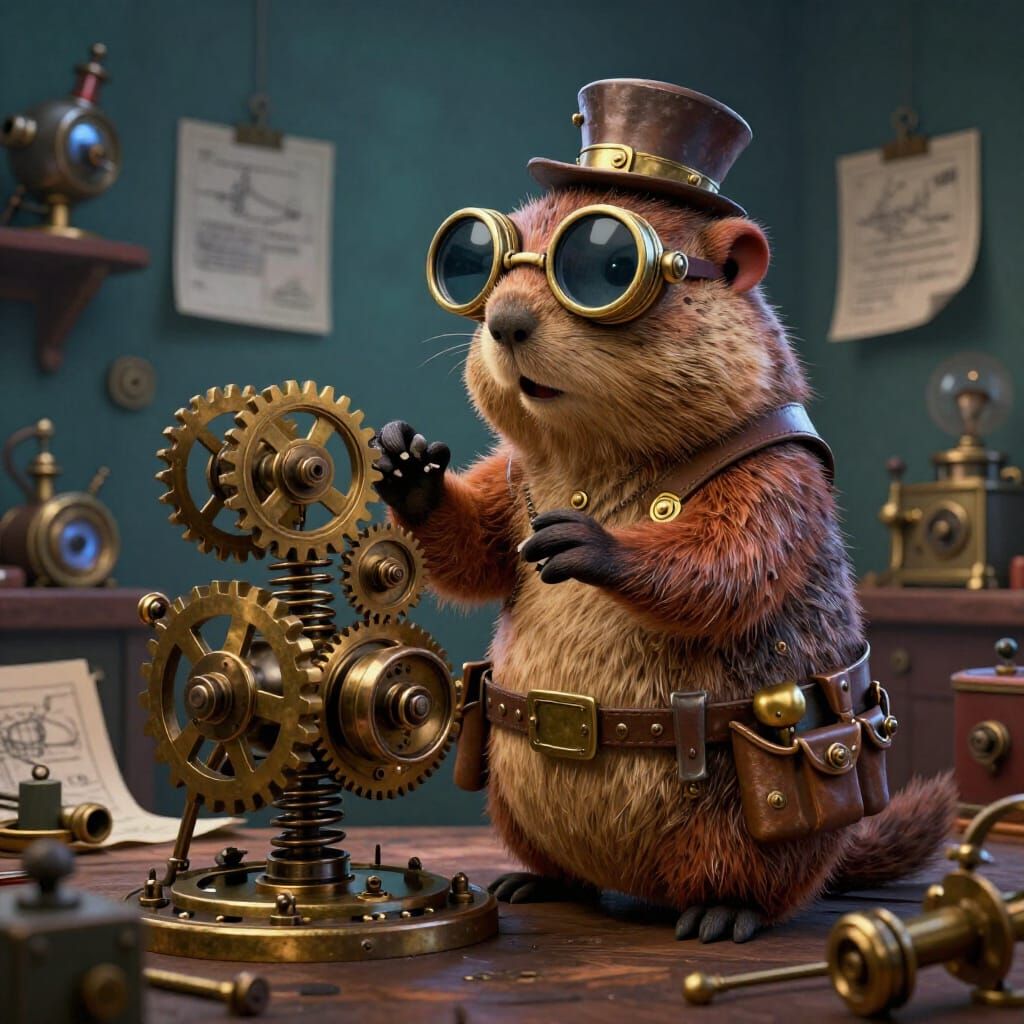 Steampunk Groundhog Inventor with Whimsical Contraption