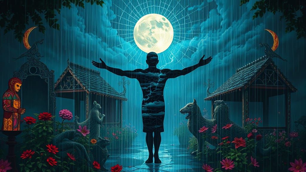 Lone Figure in Surreal Glitch Garden Under Moonlight